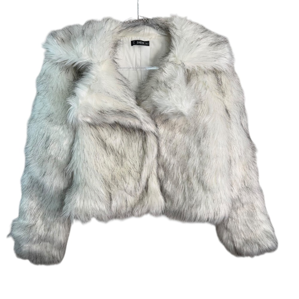 SHEIN Womens XS White Faux Fur Cropped Jacket Shag Coat